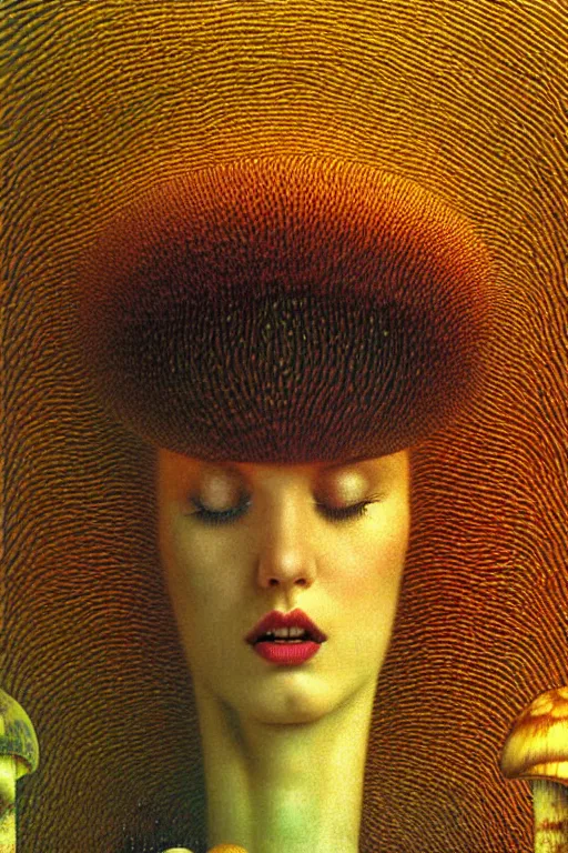 Image similar to art deco close up portait of mushroom head with big mouth surrounded by spheres, rain like a dream digital render curvalinear clothing cinematic dramatic fluid lines otherworldly vaporwave interesting details epic composition by artgerm moebius francis bacon gustav klimt