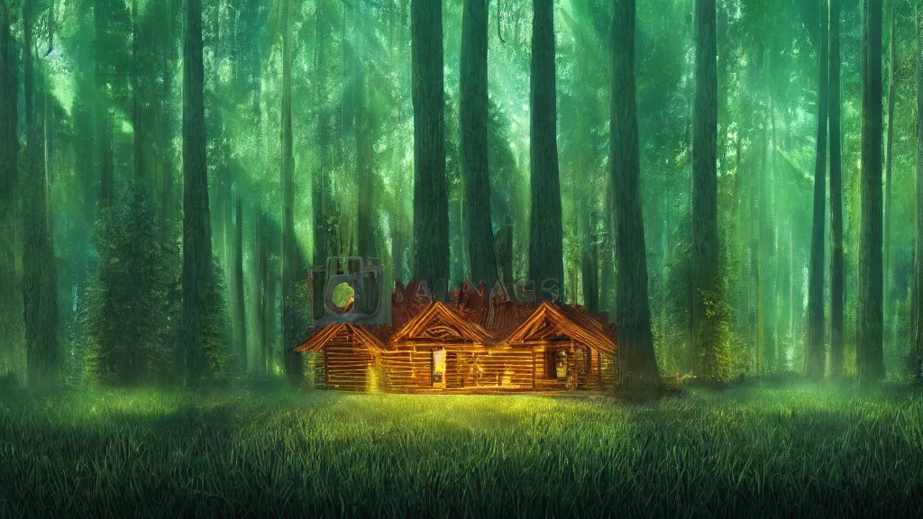 Image similar to portrait of an ethereal evergreen forest made of green and blue light with a log cabin made of golden light, divine, cyberspace, mysterious, dark high-contrast concept art