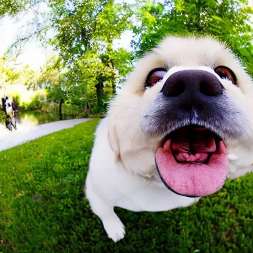 Image similar to widest fish eye lens extremely close to happy dog