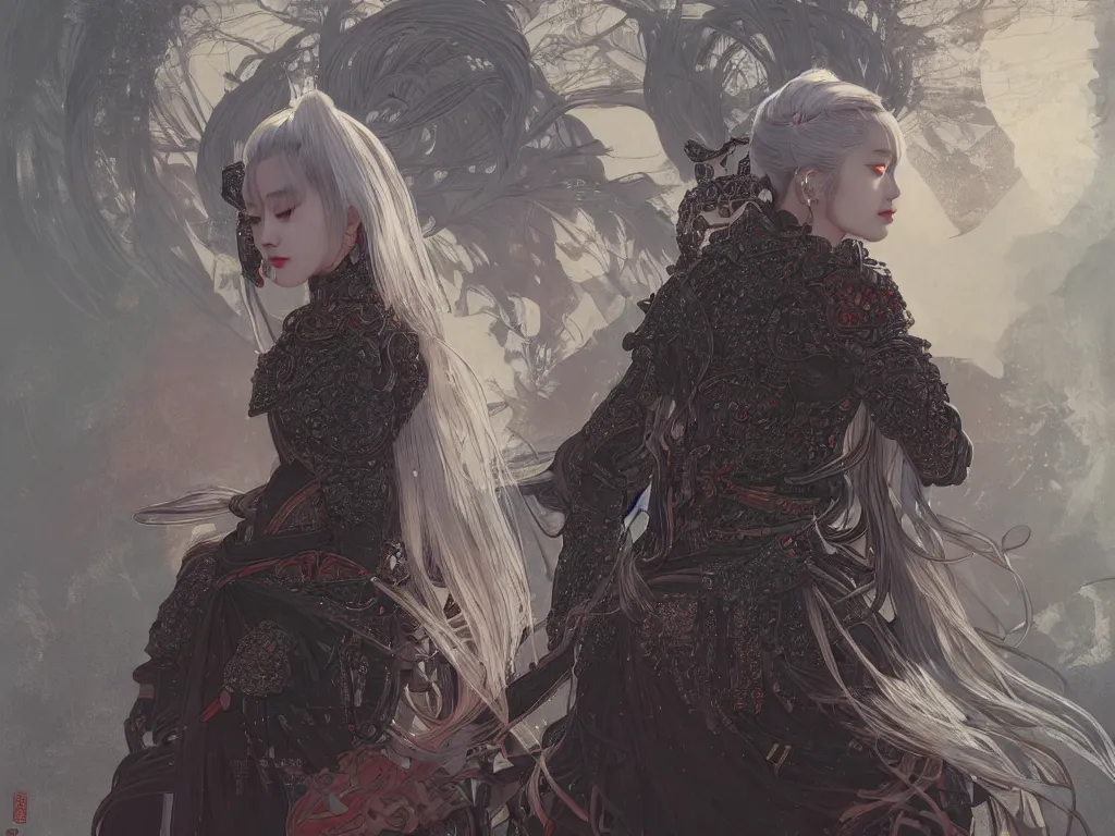 Image similar to portrait jisoo blackpink, grey hair armored samurai clothes, in fire japanese temple wet night, ssci - fi and fantasy, intricate and very very beautiful and elegant, highly detailed, digital painting, artstation, concept art, smooth and sharp focus, illustration, art by tian zi and wlop and alphonse mucha