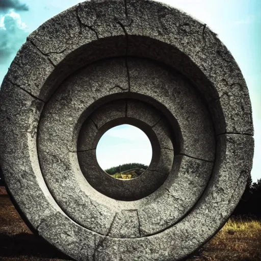 Image similar to stargate made of stone that form a circle, cinematic view, epic sky