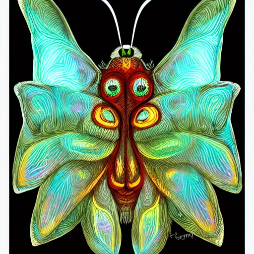 Image similar to moth monster, glowing, symmetrical, highly detailed, digital art, sharp focus, trending on art station, anime art style