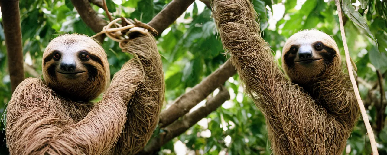 Image similar to a sloth eating spaghetti off a tree, in the style of national geographic, canon 5 0 mm, kodachrome, retro