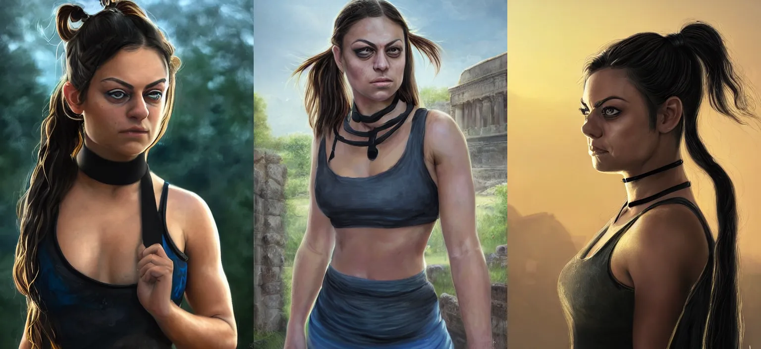 Prompt: portrait of young very muscled Mila Kunis with pigtails hair and bright blue squinting eyes looking directly into the camera, mouth slightly open, wearing intricate black choker, walking sweaty out epic ancient ruins, golden hour, elegant style, highly detailed, centered, sharp digital painting, artstation, concept art, smooth, sharp focus, illustration, Jean Taggart, John Piccasio