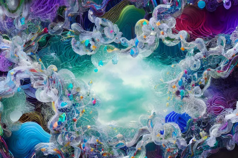 Image similar to simplicity, a huge flock of many ornate translucent puffy filigreed clouds tangled into large whirling ultra detailed clumps of crystal specimens, abstract environment, playful, award winning art, epic dreamlike fantasy landscape, ultra realistic,