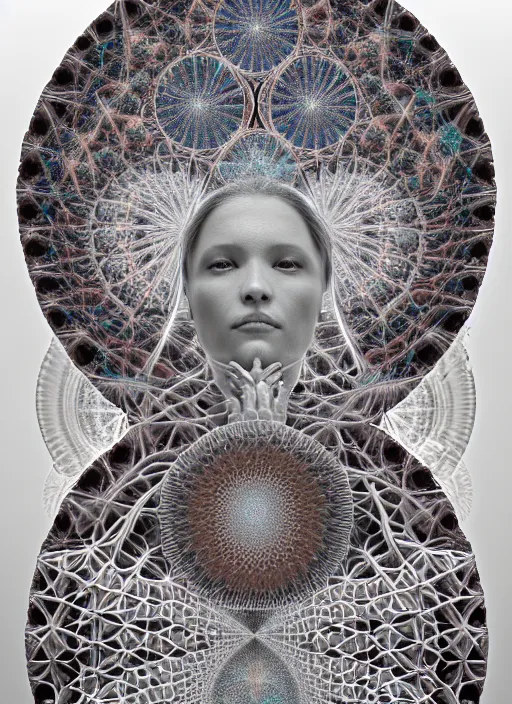 Prompt: feminine awakening, portals into dimensions, coral, birds, symmetrical, in the style of ernst haeckel, effervescent, sacred geometry, surrealism, photo realistic, epic and cinematic, 3 d, clear, sharp,