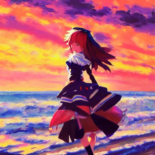 Prompt: Beautiful abstract portrait of Kirisame Marisa from the Touhou project at the beach at sunset, touhou project official artwork, danbooru, oil painting by Antoine Blanchard, sold at an auction, oil on canvas , wide strokes, pastel colors, soft lighting