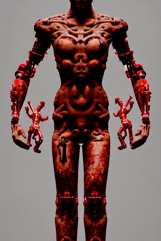 Image similar to high detailed forest a statue jesus on cross made of red marble, perfect symmetrical body, full body shot, inflateble shapes, white biomechanical details, wearing epic bionic cyborg implants, masterpiece, intricate, biopunk, vogue, highly detailed, artstation, concept art, cyberpunk, octane render