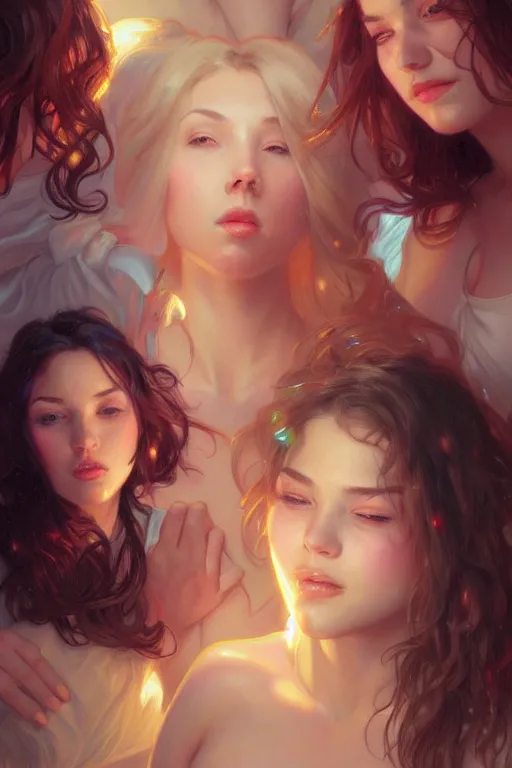 Image similar to three college girls rolling hard on ecstasy glistening with sweat and kissing sensualy, realistic portrait, highly detailed, digital painting, artstation, concept art, smooth, sharp focus, illustration, cinematic lighting, art by artgerm and greg rutkowski and alphonse mucha