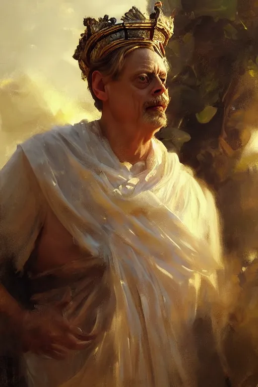 Prompt: beautiful expressive oil painting portrait of ancient roman god emperor steve buscemi ascending wearing the civic crown, art by anders zorn, wonderful masterpiece by greg rutkowski, beautiful cinematic light, american romanticism by greg manchess, jessica rossier