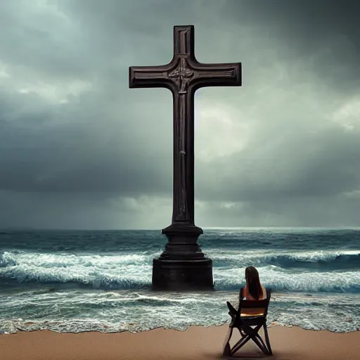 Prompt: a highly detailed matte painting of a large cross standing on the beach as a storm comes in with the tide, woman in a chair watching the ocean, epic fantasy, god rays, rocky beach, ultrawide lense, aerial photography, unreal engine, exquisite detail, 8 k, art by greg rutkowski and alphonse mucha