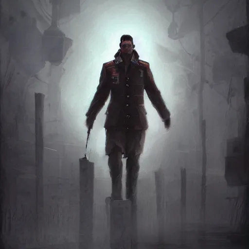 Image similar to climatechangepunk soviet policeman, fog, darkness, evil, magic the gathering artwork, D&D, fantasy, cinematic lighting, centered, symmetrical, highly detailed, digital painting, artstation, concept art, smooth, sharp focus, illustration, volumetric lighting, epic Composition, 8k, art by Akihiko Yoshida and Greg Rutkowski and Craig Mullins, oil painting, cgsociety