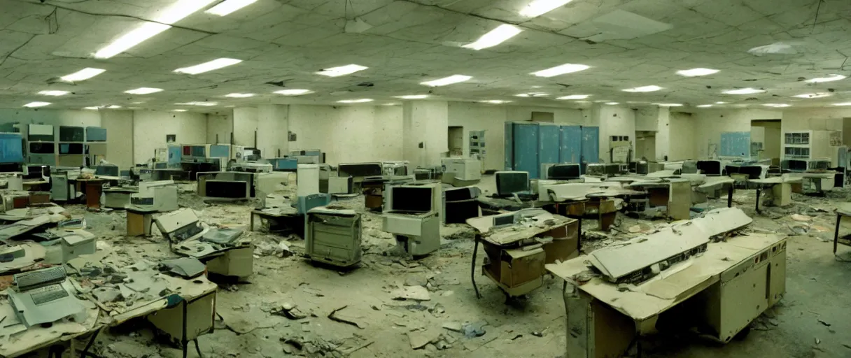 Image similar to movie still 4 k uhd 3 5 mm film color photograph of an abandoned computer laboratory full of cold war era computers