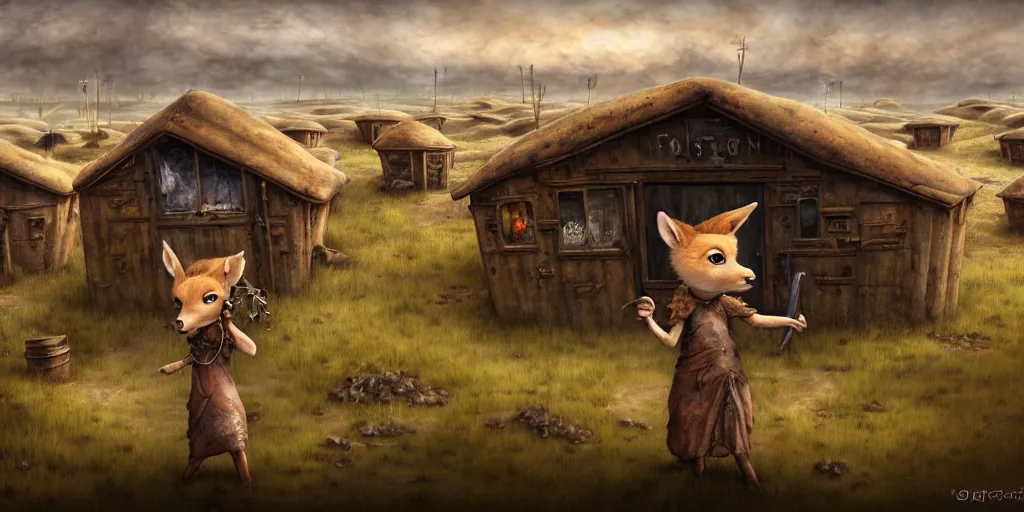 Image similar to anthropomorphic doe is visiting a post - apocalyptic merchant town of flower huts in the salt dunes, matte oil painting, extreme body modification, badlands, rust, retrofutistic, science fantasy, rpg, roguelike, epic, plants, extremely detailed, sharp focus, 4 k