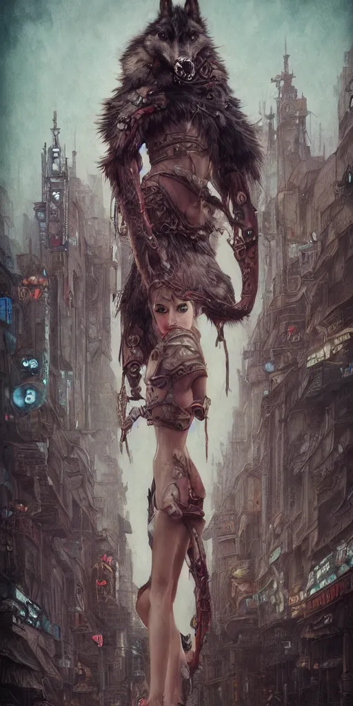 Image similar to hyper realistic Princess Mononoke, ornate mask, wet market street, cyberpunk metropolis, city landscape, jewels, full body pose, wolves, style of tom bagshaw, mucha, james gurney, norman rockwell, denoised, sharp