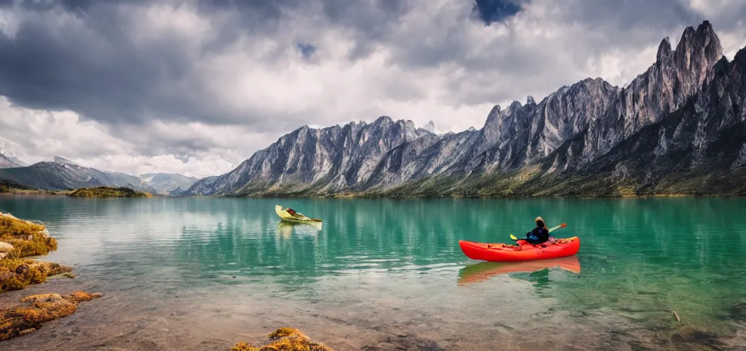 Image similar to a beautiful image of a breathtaking lake with amazing mountains in the background, there is a kayak in the foreground on the beach. landscape image