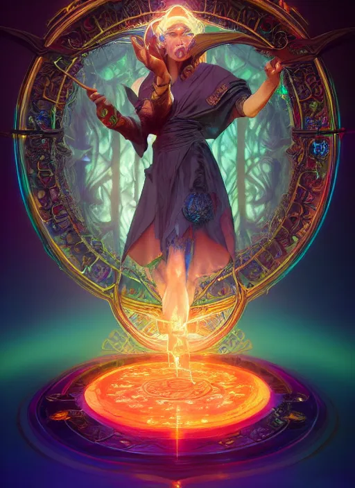 Image similar to Sorcerer casting spell, glyphs, magic, artstation, cgsociety, high contrast, rainbow colors, crystals, very detailed, intricate, detailed illustration, by artgerm and greg rutkowski and alphonse mucha, octane render, unreal engine, hyperrealism