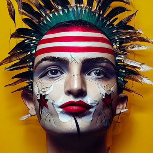 Image similar to a beautiful portrait sculpture designed by Sandra Chevrier, tribal head dress, American stars and stripes on face, by Annie Leibovitz