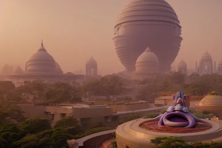 Image similar to beautiful futuristic biomorphic new delhi, sci - fi ganesha!! building, kalighat flowers, octane highly detailed cinematic, stephen shore & john j. park, soft morning light, wide shot, aerial shot, uhd 8 k, shallow depth of field