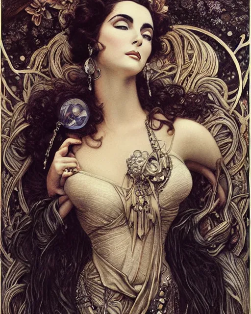 Prompt: in the style of beautiful elizabeth taylor, steampunk, detailed and intricate by jean delville, gustave dore and marco mazzoni, art nouveau, visionary, gothic, pre - raphaelite