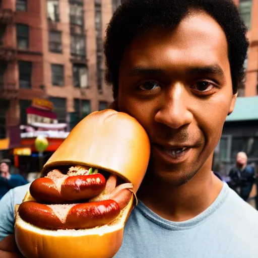 Image similar to closeup portrait of a man carrying a giant hotdog on his shoulder in a smoky new york back street, by Annie Leibovitz and Steve McCurry, natural light, detailed face, CANON Eos C300, ƒ1.8, 35mm, 8K, medium-format print