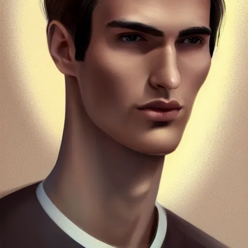 Image similar to tall man in his twenties with brown blond short quiff hair and thin slightly round facial structure with cleft chin, straight eyebrows and prominent nose, good definition of cheekbones, big hazel nut brown eyes, narrow face, slim body, atmospheric lighting, painted, intricate, 4 k, highly detailed by charlie bowater