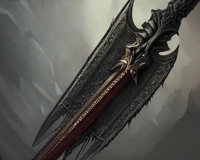 Image similar to legendary sword, digital award winning hd matte painting, intimate dark moody, intricate, long sharp black and iridescent blade, ornate spikes, colorful hilt, detailed realistic, raytraced blade, colored gems, golden pommel, in the style of greg rutkowski and krenz cushart, trending on artstation and deviantart