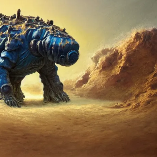 Image similar to realistic painting of a tardigrade kaiju, with 6 legs in a desert storm, by james gurney, slime, big globule eye, godzilla, vintage, concept art, oil painting, tonalism, crispy