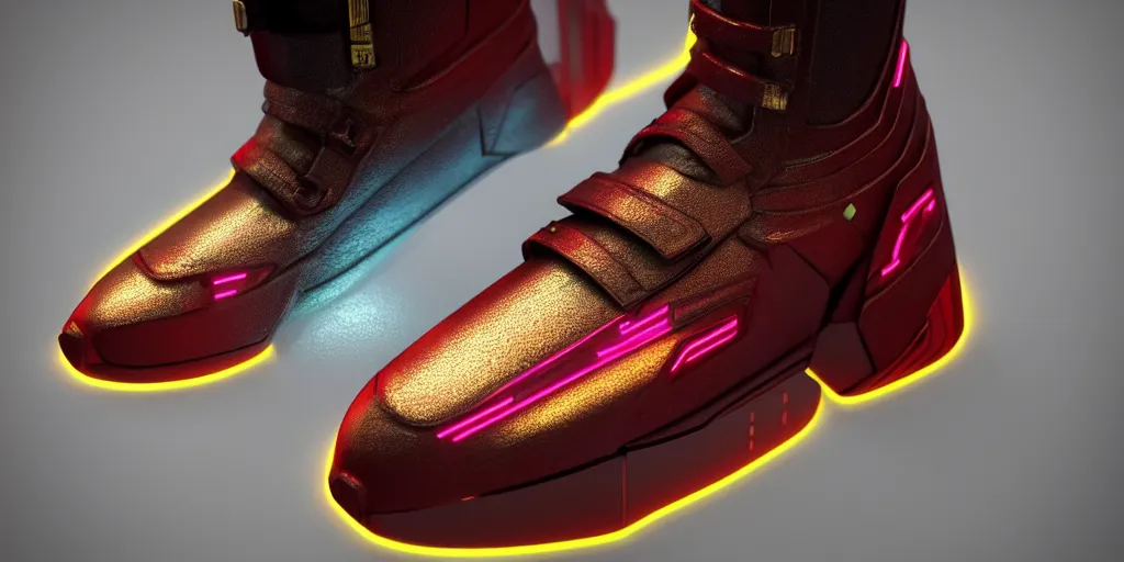 Image similar to realistic 3 d render of a cyberpunk android sneaker, beautiful studio lighting, soft, sharp focus, neon cyberpunk highlights, intricate detail, gold and red accents, soft rubber, octane render, side view, close up, trending on artstation, deviantart