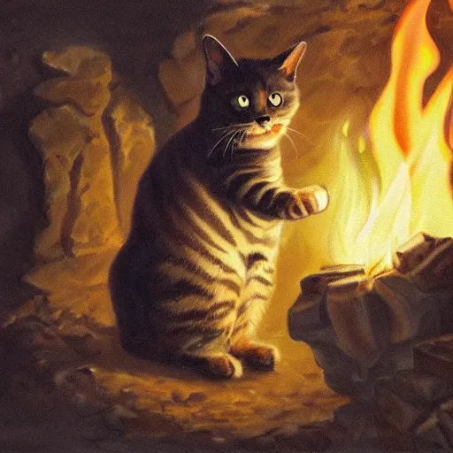 Prompt: a painting of a cat finding a pile of gold in a cave lit by torches, 4 k, hd