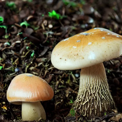 Prompt: macro photo with a mushroom character with cute eyes and mycelium, very close to real nature, natural colors and natural surroundings, painted patterns and coloring on mushrooms, 8K, highly detailed, cartoon