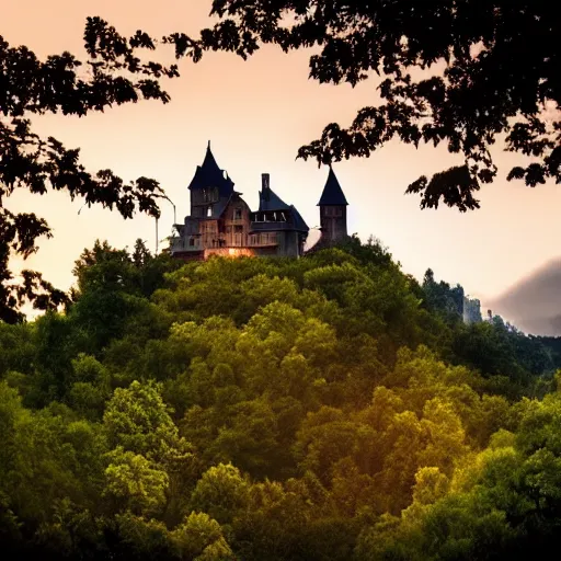 Prompt: a castle on a hill dominating a small town, in the middle of a forest, dusk, landscape