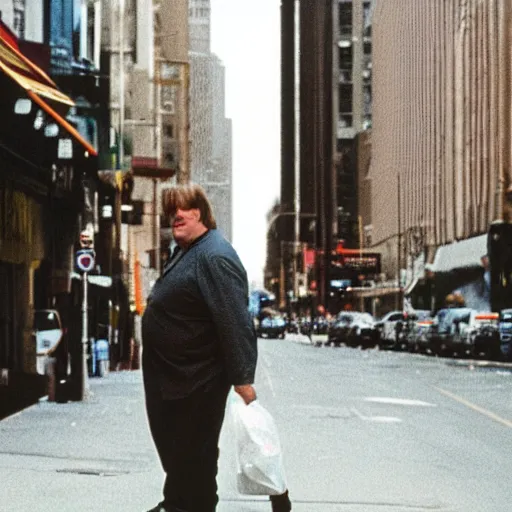 Prompt: Chris Farley walking down a city street while holding a plastic bag, 35mm film still from 1994