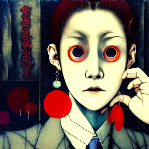 Image similar to yoshitaka amano blurred and dreamy realistic three quarter angle horror portrait of a sinister young woman with short hair, big earrings and red eyes wearing office suit with tie, junji ito abstract patterns in the background, satoshi kon anime, noisy film grain effect, highly detailed, renaissance oil painting, weird portrait angle, blurred lost edges