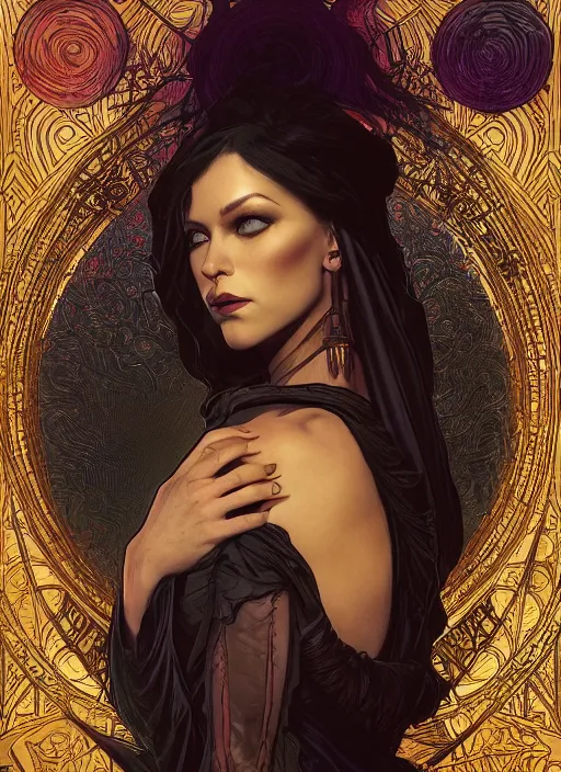 Image similar to book frontcover, side portrait, dark witch with black hood and evil eyes, realism, soft, smooth, luminescent, art nouveau tarot, backlit glow, colorful swirly ripples, gaudy colors, aesthetic octane render, unreal engine, 8 k, by artgerm, greg rutkowski, alphonse mucha