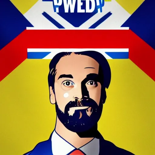 Image similar to Swedish propaganda poster of PewDiePie with the flag of Sweden in the background