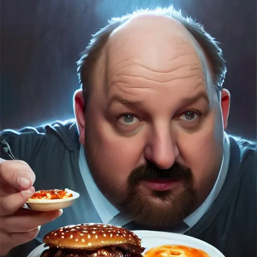 Image similar to louie ck eating big macs, dripping BBQ Sauce, serving happy meals, D&D, spilling ketchup, fantasy, intricate, elegant, highly detailed, digital painting, artstation, concept art, matte, sharp focus, illustration, hearthstone, art by Artgerm and Greg Rutkowski and Alphonse Mucha