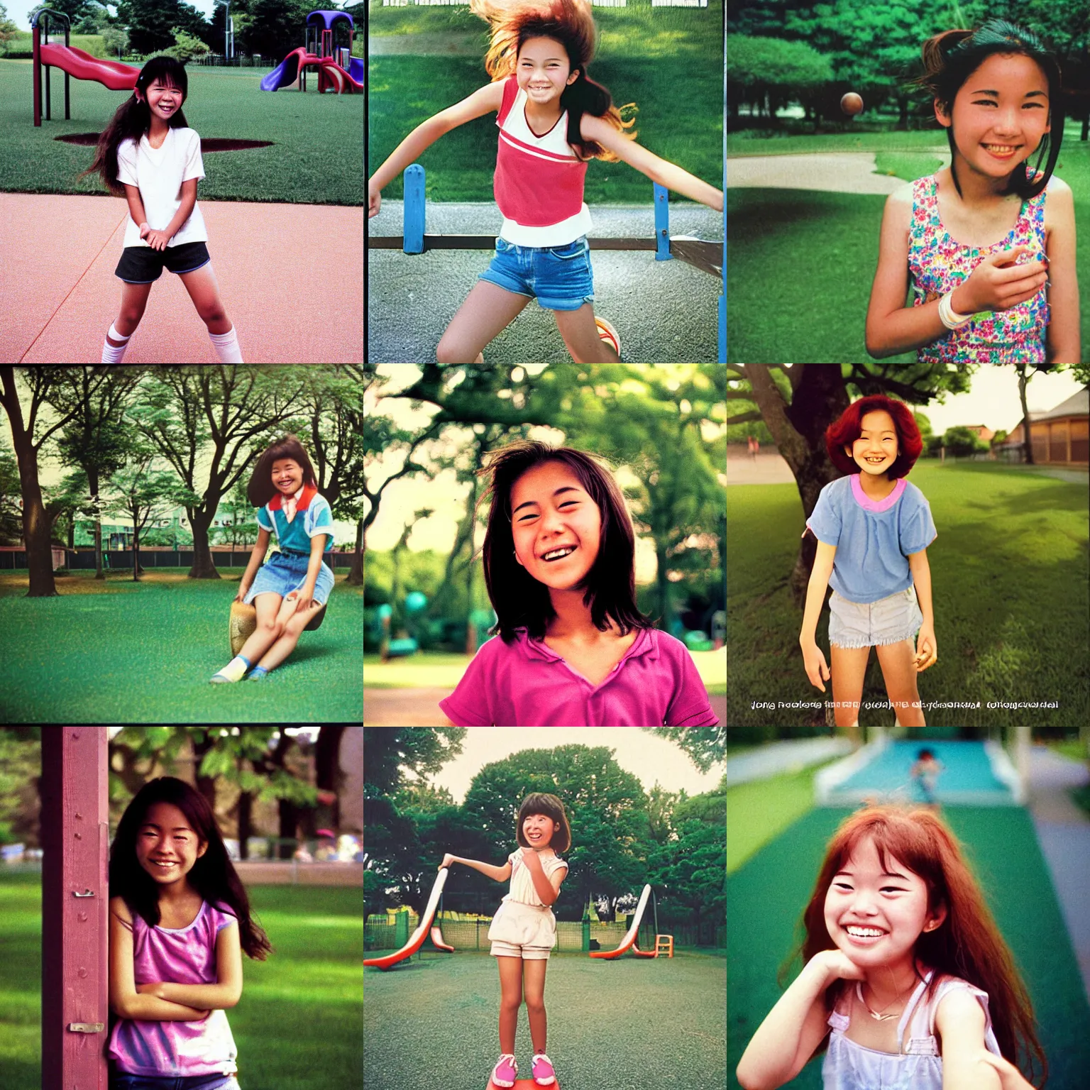 Prompt: A long-shot from front, color outdoor photograph portrait of a happy teen girl playing on the playground, summer, day lighting, 1990 photo from Japanese photograph Magazine.