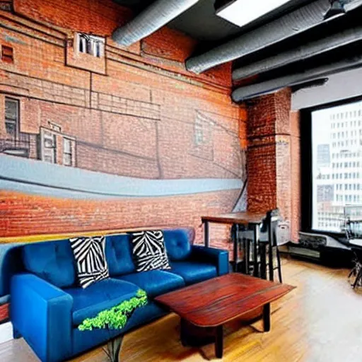 Image similar to trendy downtown loft with modern murals on the wall, modern art and patterns, interior design, beautiful architecture