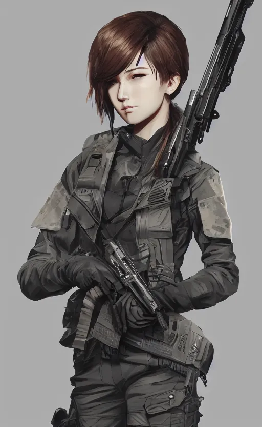 Image similar to highly detailed, high resolution, character design art, stunning, volumetric lightning, realistic guns, girls frontline style, matte, sharp focus, intricate, 150mm, illustration, artstation, by kuvshinov ilya, realistic human anatomy, simple design, realistic military gear, metal gear style