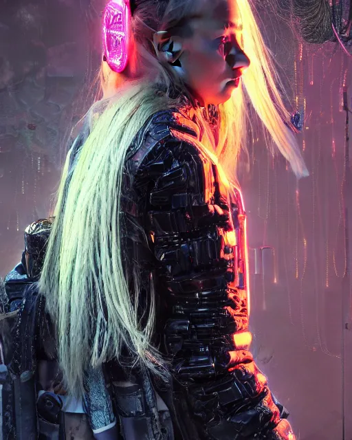 Image similar to detailed portrait neon guard girl with long straight blonde hair seen from the back, cyberpunk futuristic, reflective puffer jacket, black leggings, decorated with traditional ornaments in front of a dystopian crowd with piles of garbage by ismail inceoglu dragan bibin hans thoma, perfect face, fine details, realistic shaded, fine - face, pretty face by rossdraws