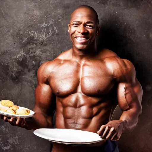 Image similar to photography of a muscular black man with a plate full of biacuits