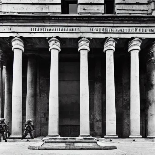 Image similar to a brutalist building with roman style ionized columns and german ww 2 soldiers standing in front