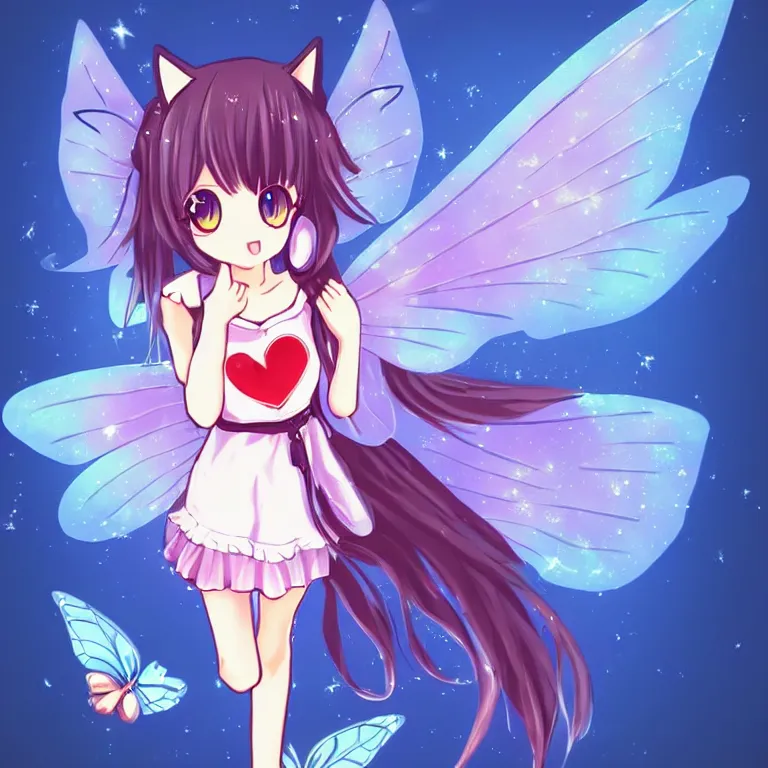 Image similar to cute, full body, female, anime style, a cat girl with fairy wings, large eyes, beautiful lighting, sharp focus, simple background, creative, heart effects, filters applied, illustration