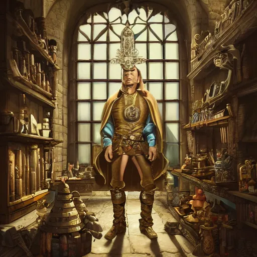 Image similar to full body portrait of Dennis hopper as a devious medieval lord standing on the right inside a big medieval Shop with tall windowpane, shelves full of medieval goods, morning light, trending on artstation, style of peter mohrbacher, unreal engine, octane render, intricate details, 8k high definition, beauriful, ornate, hyperrealistic