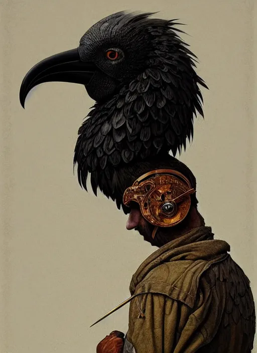 Prompt: rpg! profile! portrait of humanoid bird on white background, beak, feathers, plague doctor, intricate, highly detailed, digital painting, artstation, concept art, smooth, sharp focus, illustration, art by norman rockwell emiliano ponzi andrey remnev yoann lossel aaron jasinski, 8 k