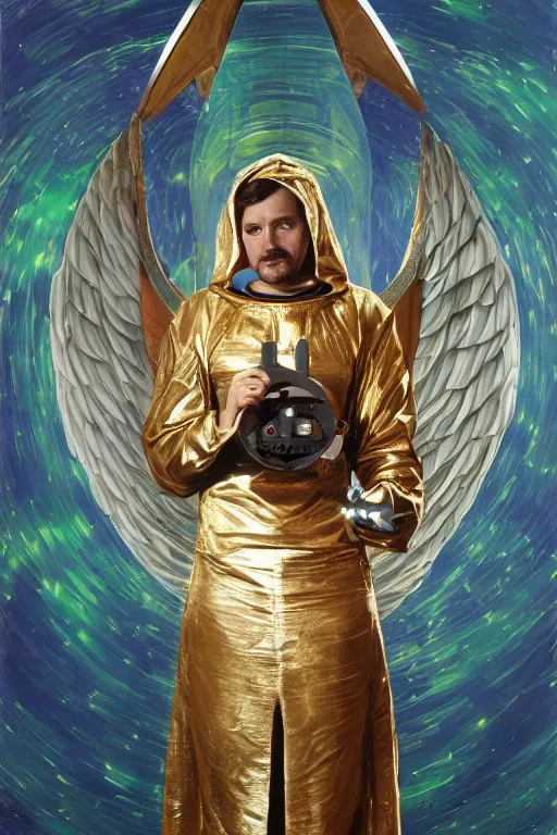 Prompt: biblical angel wearing a spacesuit in front of their spaceship, second coming, centered, portrait by Greg Hildebrandt, studio lighting, muted colors, by Terry Richardson, by Leonardo DaVinci, by Stanley Kubrick, ultrarelistic, extreme detail, caustics, trending on Artstation, 8K, octane renderer, rtx on