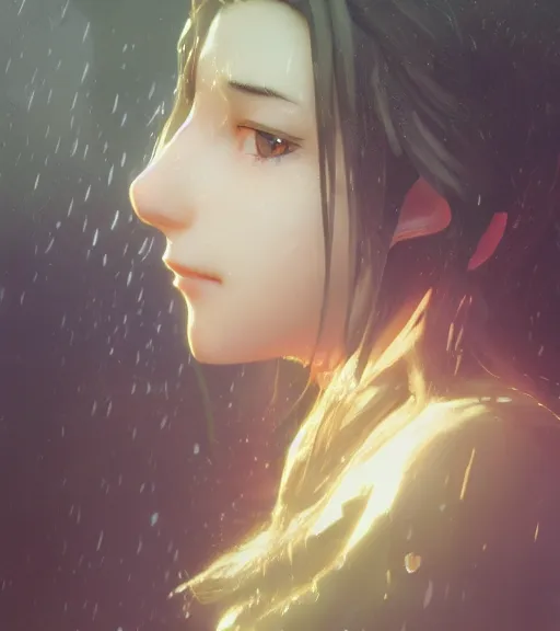 Image similar to beautiful aerith gainsborough, face centered portrait, cottagecore, confident, fog, rain, volumetric lighting, soft light particles floating near her, rim light, beautiful, golden hour, sharp focus, ultra detailed, cgsociety by krenz cushart and wenjun lin