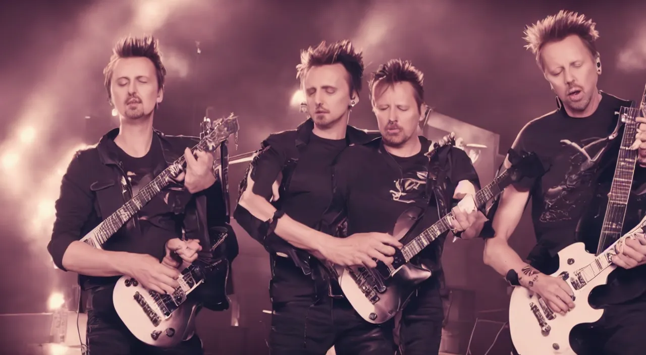 Image similar to matt bellamy and james hetfield playing guitar on stage together, 2 0 2 2 official music video, shot on sony a 7 iii, postprocessing