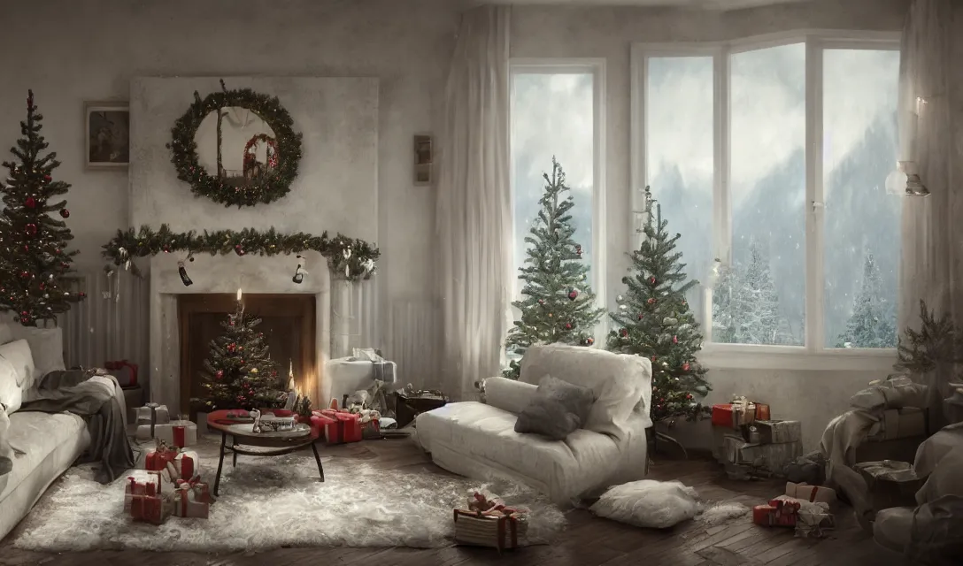 Image similar to a christmas eve in a beautiful home, photorealistic landscape painting on the wall, ascher clemens, home, interior, octane render, deviantart, greg rutkowski, cinematic, key art, hyperrealism, canon eos c 3 0 0, ƒ 1. 8, 3 5 mm, 8 k, medium - format print